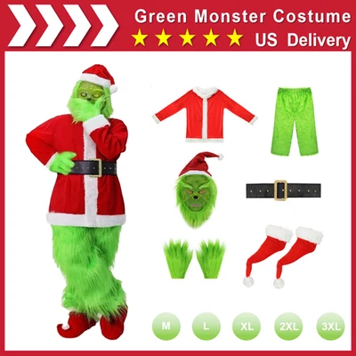 Adult Green Monster Costume Mask Cosplay Christmas Santa Fancy Dress Outfit XMAS - Image 1 of 4