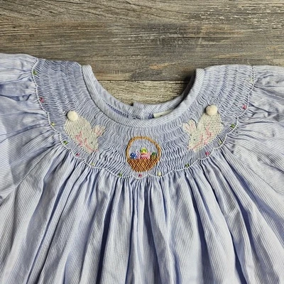 Zuccini Smocked Dress 6X Blue Easter Theme Bunnies Basket - Image 1 of 4