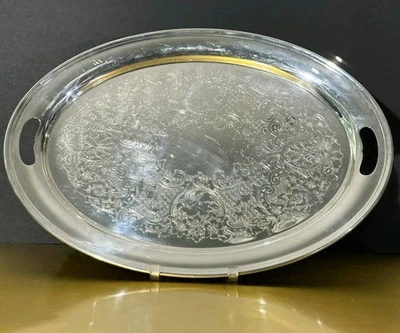 Красивый винтажный посеребренный овальный сервировочный поднос Gorham YC407/2 22 дюйма с цветочной гравировкой  - Изображение 1 из 4