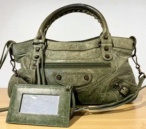 AUTH BALENCIAGA The First 2way Shoulder Bag Khaki Leather Handbag w/ Mirror - Picture 1 of 9