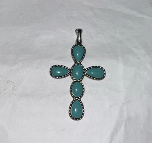 Vintage doppelseitiger Kreuz schwarz und türkis Anhänger nur religiös trendy - Bild 1 von 5