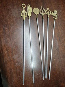 Vintage Turkish shish kebab brass handles stainless steel shafts. Set Of 6 - Picture 1 of 5