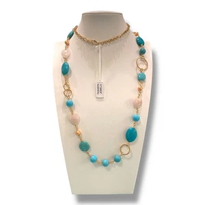 Fashion Steel - Collana lunga color oro, TURCHESE e QUARZO ROSA NATURALI - Picture 1 of 3