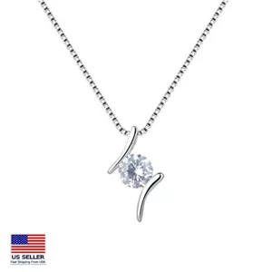 Women 925 Sterling Silver Necklace Crystal Lines Style Simple Classic Pendant - Picture 1 of 5