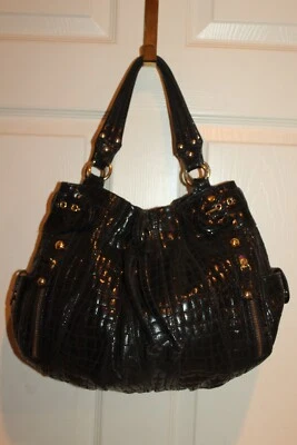 HYPE Soft Black Embossed Croc Leather Drawstring Shoulder Bag Hobo Crossbody - Image 1 of 4