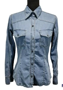 Mapale Damen Hemd Medium Light Denim Knopf Langarm Bluse Oberteil 100% Baumwolle - Bild 1 von 12