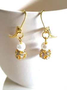 Sweet Crystal Bead/White Glass Pearl Gold Plated Earrings - Picture 1 of 9