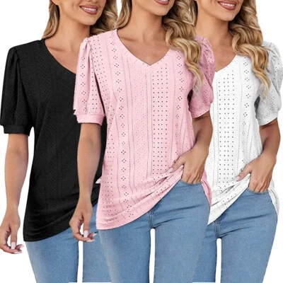 Plus Size Women Short Sleeve Ladies Blouse Pleated Puff Shirt Casual V-Neck Tops - Image 1 of 4