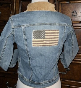 90s Y2K Vintage Ralph Lauren Denim Jacket Women’s M USA Flag 🇺🇸 Polo Jeans Co - Picture 1 of 22