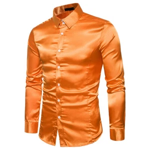 Men Satin Silk Shirt Casual Slim Wedding Party Dress Long Sleeve ButtonDown Top↷ - Picture 1 of 22