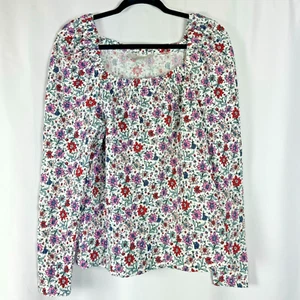 LOFT Crinkled Floral Top Square Neck Long Sleeves Stretch Cottagecore Romantic M - Picture 1 of 5