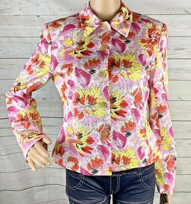 Jones New York Work Jacket Size 4 Pink Orange Yellow Floral Silk Cotton Blend - Image 1 of 4