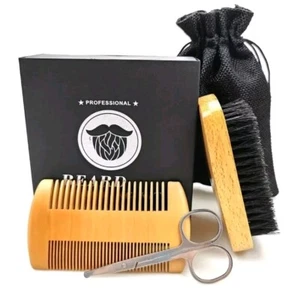  Bartpflege Set 4 Teilig Holzkamm & Bartbürste Wildschweinborsten Schere Tasche  - Bild 1 von 3