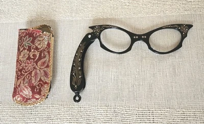 VTG 1950's-60's Rhinestone Cat Eye Folding Lorgnette Opera Glasses Black W/Case - Image 1 of 4