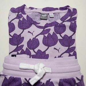 Puma Outfit Womens XL Purple Floral T Shirt French Terry Shorts Sporty Casual - Picture 1 of 16