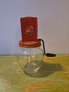 Vintage 1940er Glas & Metall Zinn Kurbel-Stil manueller Mutternschleifer USA - Bild 1 von 8