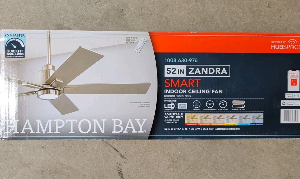 Hampton Bay Zandra 52 in. White Changing LED Indoor Brushed Nickel Ceiling Fan - Image 1 of 1