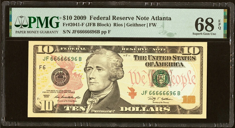 2009 $10 FRN Fancy Serial Number Seven of a Kind 66666696 PMG 68 EPQ - Image 1 of 2