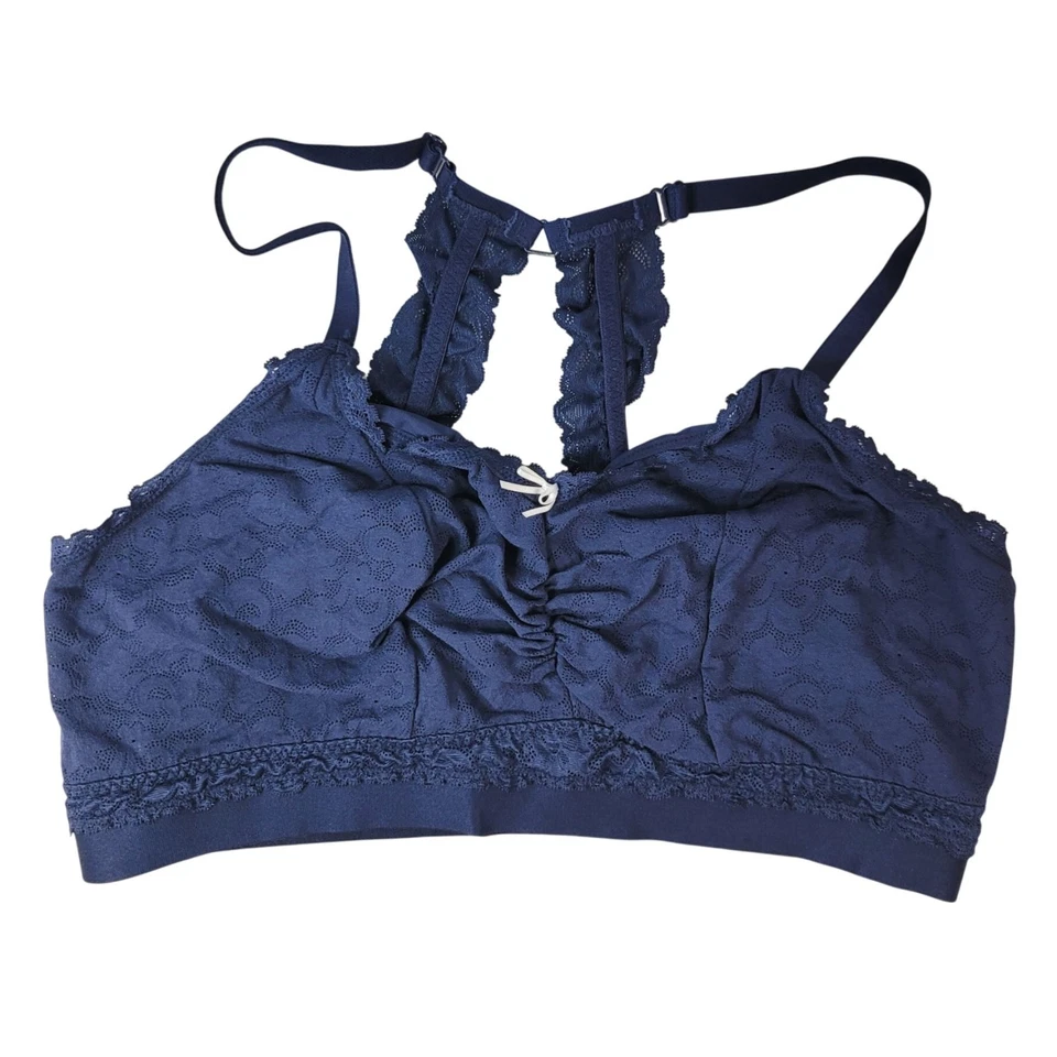 Cacique Wire Free Bralette Bra Blue Size 18 20 Lined Unpadded Racerback Adj Lace - Image 1 of 4