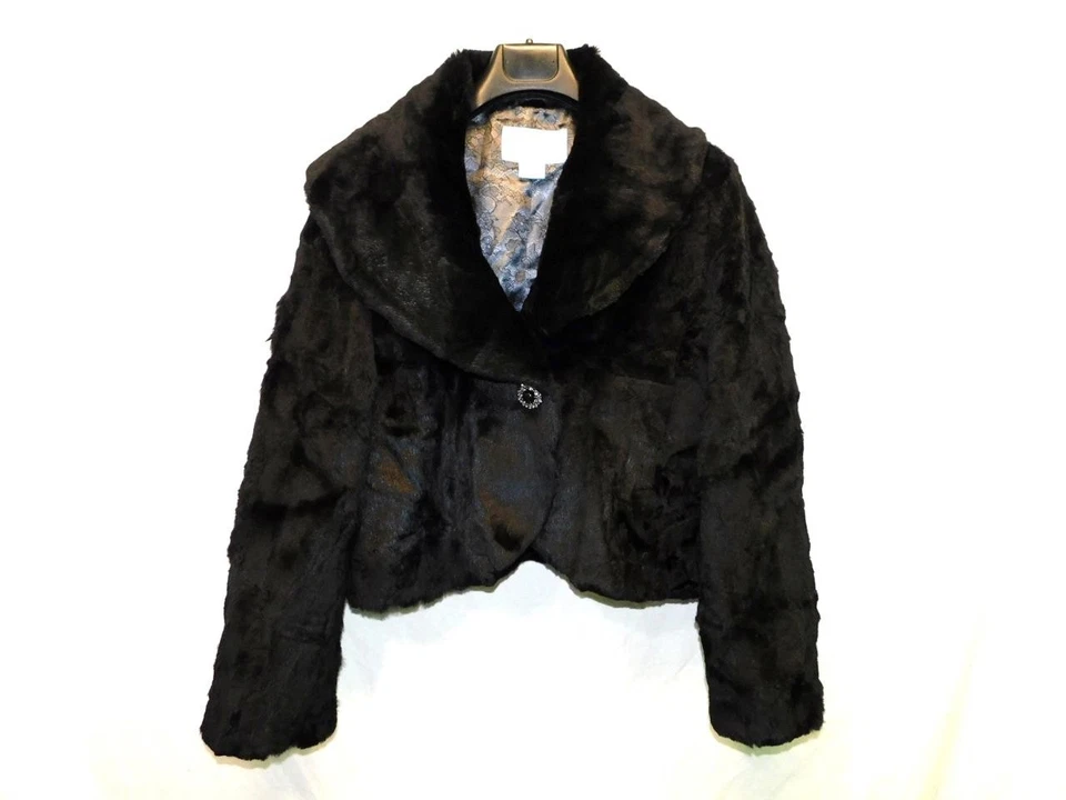 Abrigo de piel de conejo negro Nine West L cuello chal de un botón invierno fiesta formal Lg Foto 1 de 4