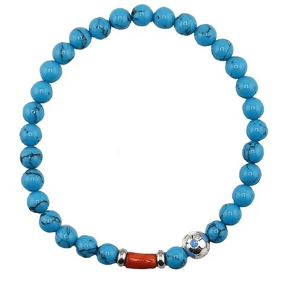 Bracciale corallo pietre Azzurre e pallone da calcio Argento 925 bianco azzurro - Immagine 1 di 4