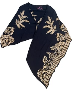 Johnny Was Women Black/Gold Cotton Knit Asymmetrical Shawl with Embroidery Small - Picture 1 of 5