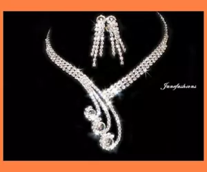 PRINCESS CLEAR AUSTRIAN CRYSTAL RHINESTONE NECKLACE EARRINGS SET WEDDING N55 - Picture 1 of 1