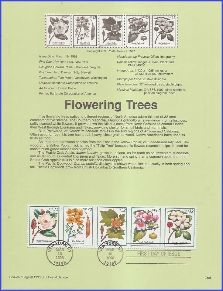 USA5 #3193-97 U/A SOUVENIR PAGE FDC STR5  Flowering Trees - Image 1 of 1