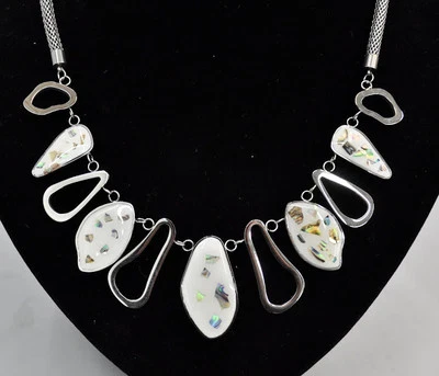 Collier Halskette Edelstahl Muschelschale Panzer Kette Anhänger silber Perlmutt - Bild 1 von 2