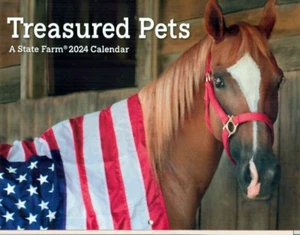 COLLECTIBLE CALENDAR-2024-TREASURED PETS- HORSE WITH FLAG+BUNNY RABBITS+DOGS+PIG - Picture 1 of 2