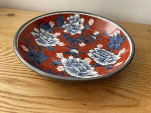 Vintage ACF Japanese Hand Painted And Cased In Pewter Peony Design Bowl - Picture 1 of 8