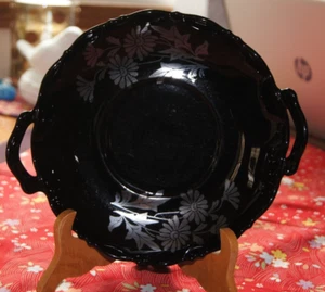 Black Amethyst Glass Bowl, Sterling Silver Overlay, Art Deco - Picture 1 of 4