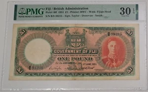 *RARO* 1951 Fiji/Administración Británica KG VI Una Libra SN# B839215 PMG 30 EPQ - Imagen 1 de 4
