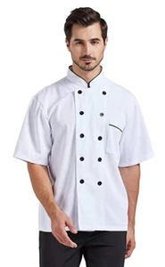 Short Sleeve Chef Coat Black Button Light Weight Double Breasted Chef Jacket - Picture 1 of 26