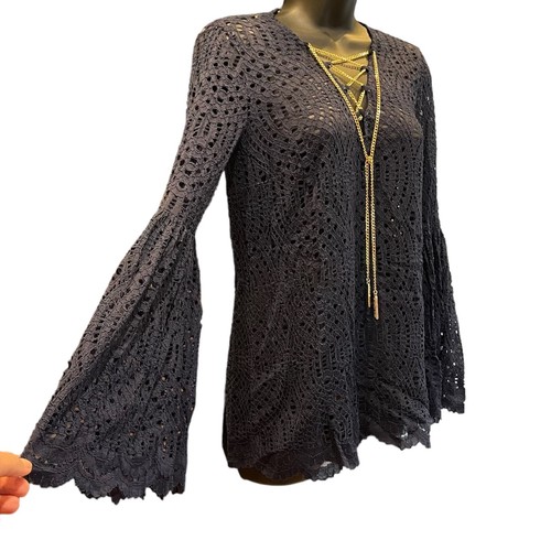 Camicetta Michael Kors taglia XS blusa blu navy campana trasparente manica lunga catena oro stringata contadina