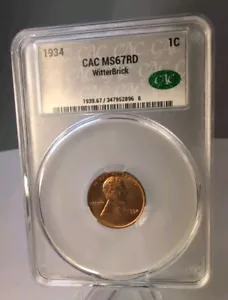 CAC MS67RD 1934 Grano Lincoln Cent 1c Mattone WitterBrick Etichetta Argento Mattone Witter - Foto 1 di 13