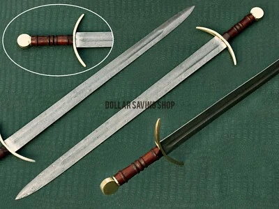 Hand Forged Medieval Knight Templar Damascus Blade Sword with Leather Sheath. - Image 1 of 4