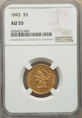 1843 LIBERTY HEAD HALF EAGLE $5 GOLD NGC AU55 Cover