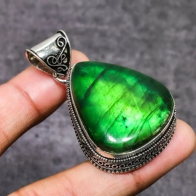 Colgante de joyería de plata de ley 925 con piedras preciosas de labradorita verde 1,96" v801 Foto 1 de 3