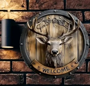 Insegna di benvenuto testa di cervo decorativa rustica in metallo stampato 2D - Foto 1 di 3