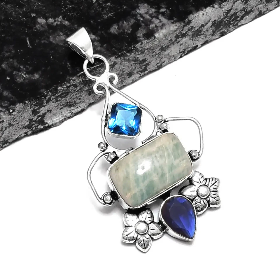 Joyería colgante étnica hecha a mano de topacio azul amazonita 2,4" P-1057 Foto 1 de 1