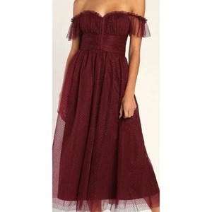 NWT Lulus Regal Radiance Burgundy Tulle Dress L Off Shoulder Midi Dress - Picture 1 of 9