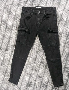 Zara Jeans 34 X 29 Black Denim Cargo Skinny Cyber Y2k Streetwear Skater Grunge - Picture 1 of 11