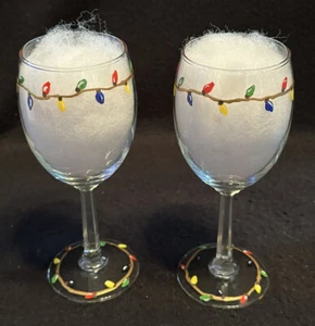 Set Of 2 ~ Hand Painted! Christmas Lights Stemmed Wine Glasses Glass Stemware! - Picture 1 of 14