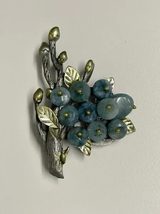 Tibetan Silver Brooch - Blue Lucite Beads - Tree Flowers, Leaves & Buds - 4x6cm - Picture 1 of 3