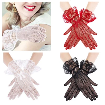Short Lace Mesh Gloves Tulle Border Wedding Opera Tea Party Gloves for Women - Image 1 of 4