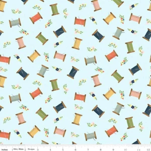 By The Yard ~ Sewing Thread Spools on Sky Blue By Riley Blake Cotton Fabric - Picture 1 of 3