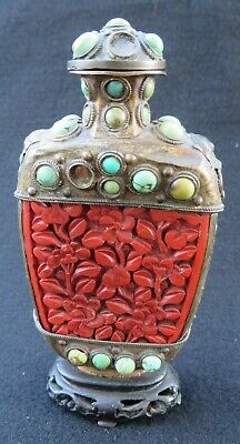 Antique Chinese Cinnabar & Brass Snuff Bottle W/ Turquoise Wood Stand Mongolian • 99.99£