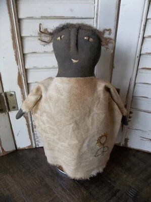 Primitive Folk Art Cupboard Doll Annetta embroidered Sunflower Dress Make-Do - Image 1 of 2