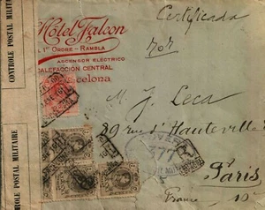 F-EX443 SPAIN ESPAÑA OLD  COVER HOTEL FALCON. BARCELONA. CENSORSHIP 1916. - Picture 1 of 2